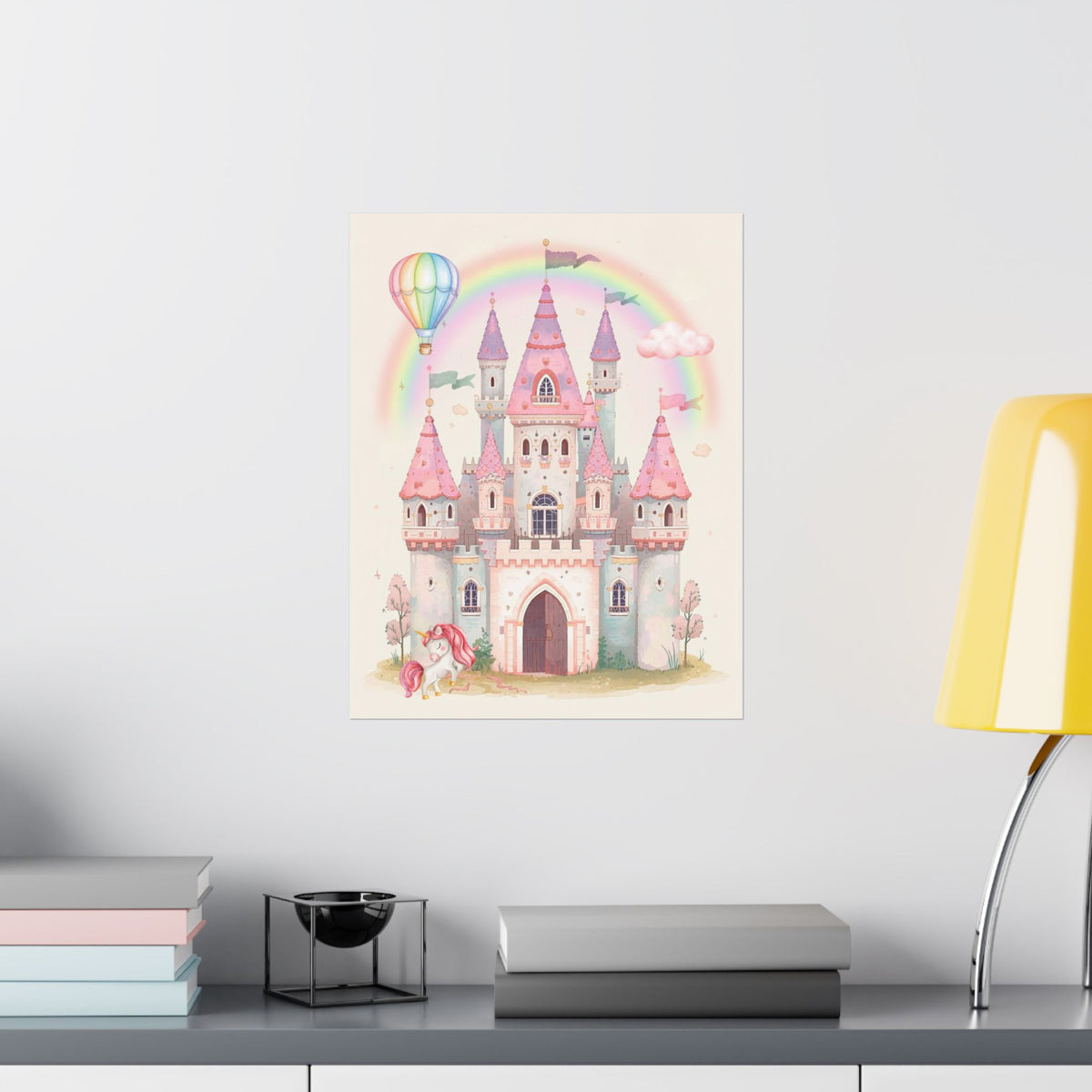 Princess Castle Poster — Pink Fairy Tale Kids Wall Art with Unicorn & Rainbow