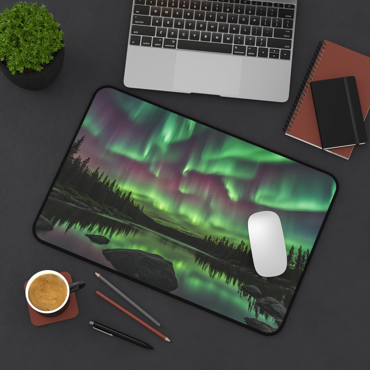 Aurora Borealis Desk Mat — Northern Lights Landscape Mouse Pad