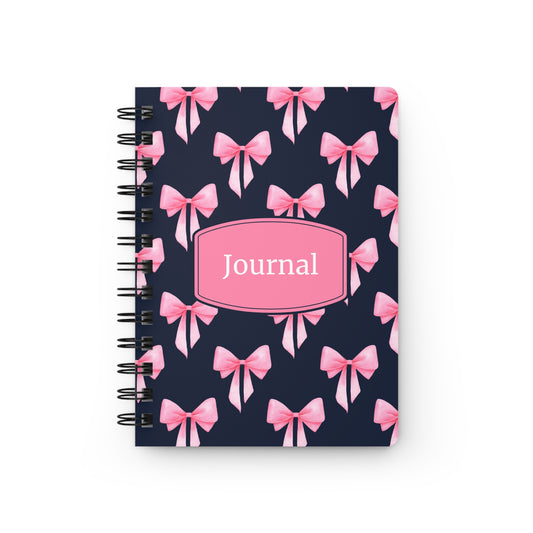 Bow Pattern Journal — Pink Bows on Navy Spiral-Bound Notebook
