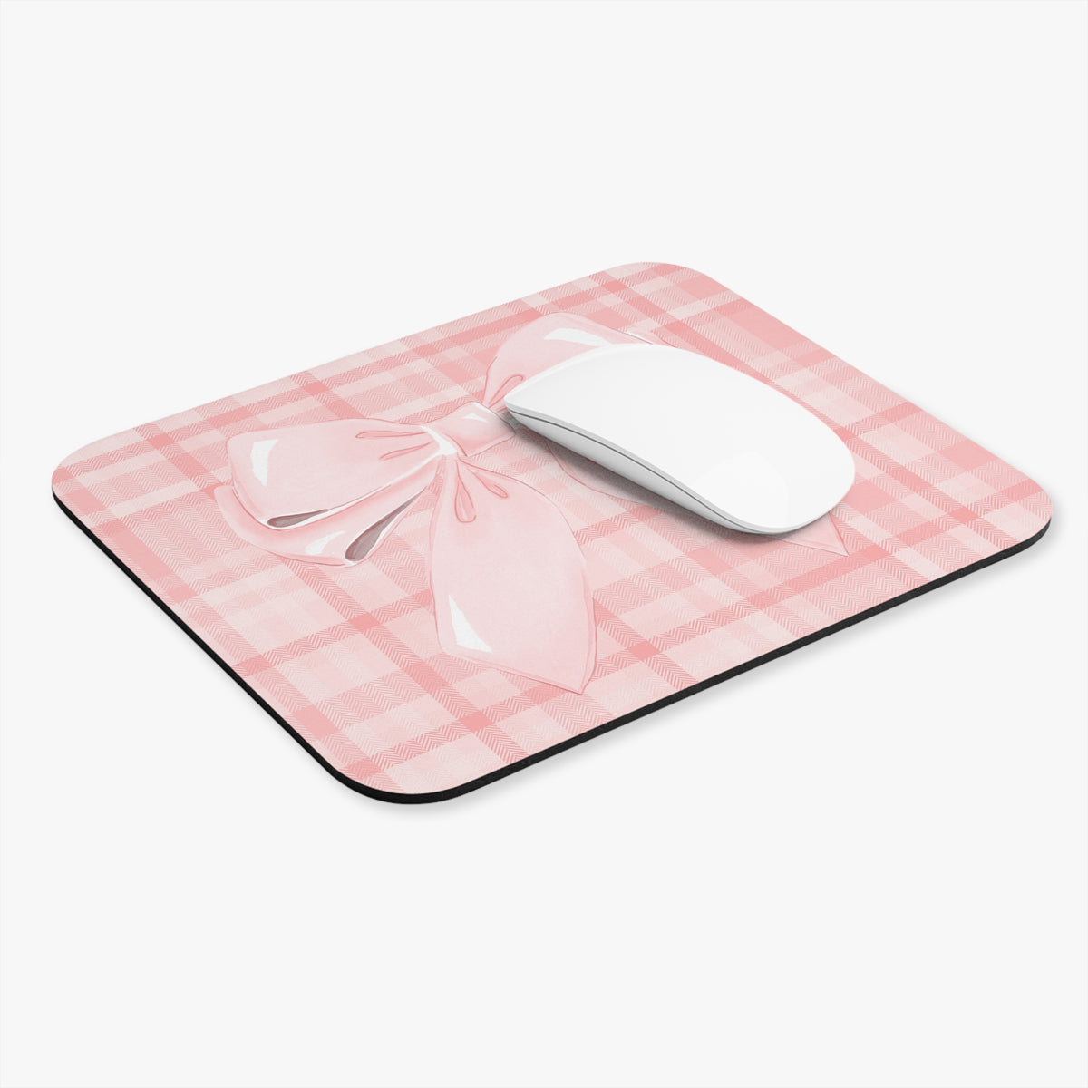 Pink Bow Plaid Mouse Pad — Cute Pastel Desk Accessory