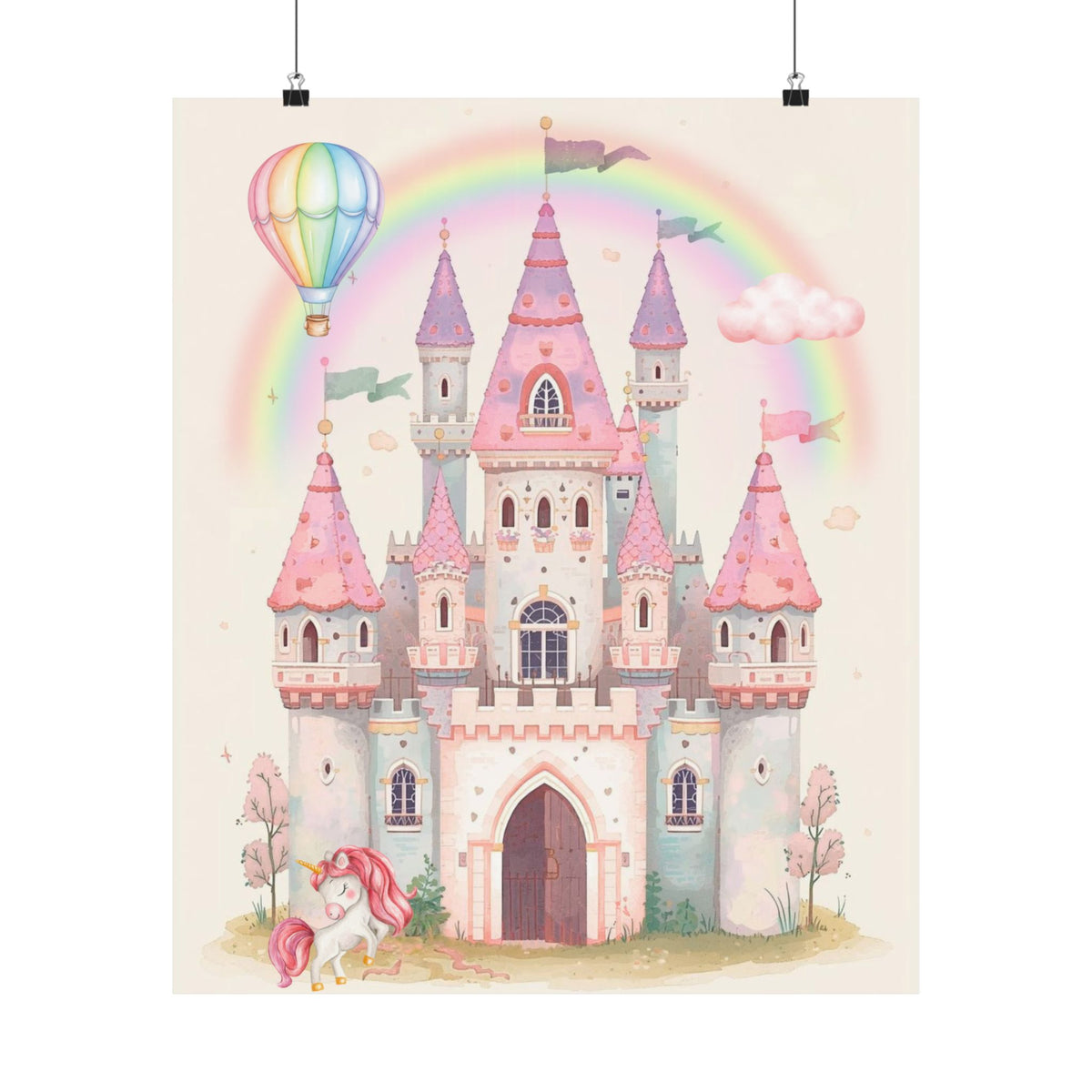 Princess Castle Poster — Pink Fairy Tale Kids Wall Art with Unicorn & Rainbow