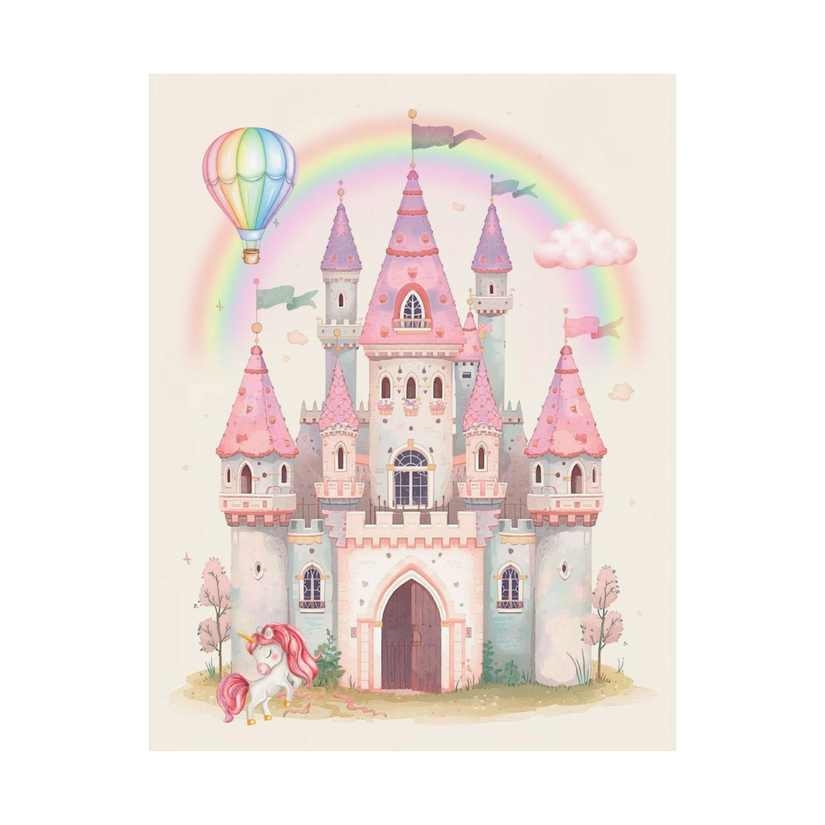 Princess Castle Poster — Pink Fairy Tale Kids Wall Art with Unicorn & Rainbow