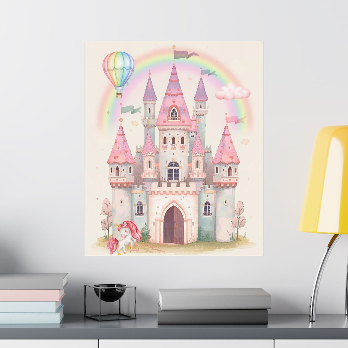 Princess Castle Poster — Pink Fairy Tale Kids Wall Art with Unicorn & Rainbow
