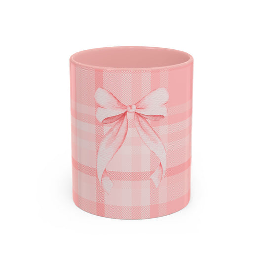 Pink Plaid Bow Accent Coffee Mug – Cute Ribbon Gift for Her (11/15oz)