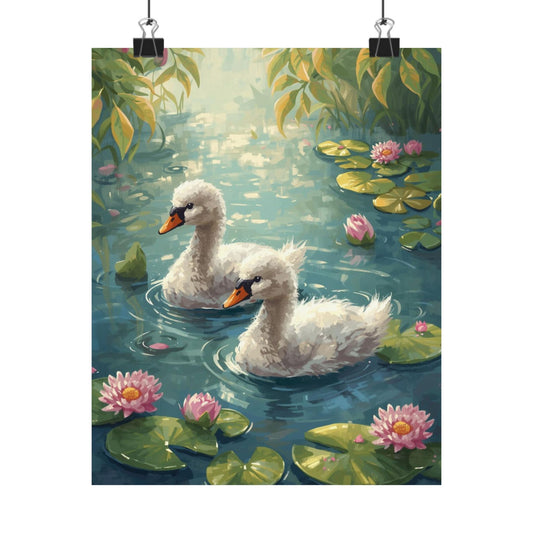 Swan Pond Art Poster — Matte Vertical Nature Print