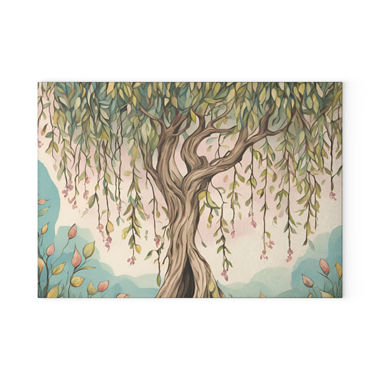 Willow Tree Glass Cutting Board – Pastel Botanical Kitchen Decor