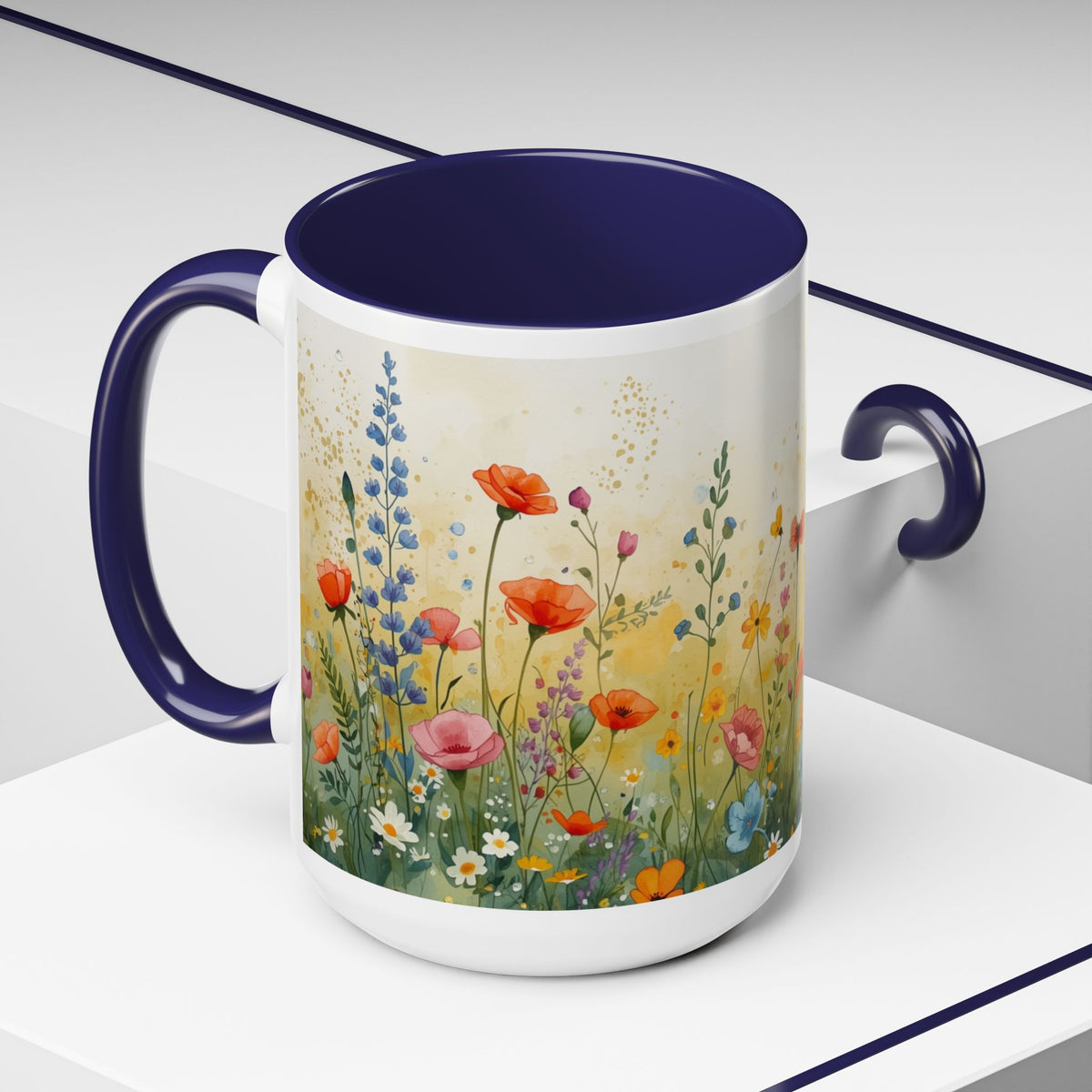Floral Meadow Accent Coffee Mug — Watercolor Wildflower 11/15oz