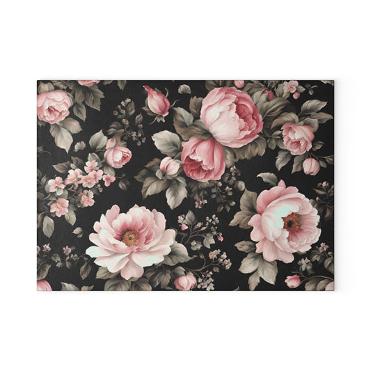 Floral Shabby Chic Glass Cutting Board — Vintage Pink Roses on Black