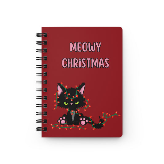 Meowy Christmas Spiral Journal — Cute Black Cat with Holiday Lights