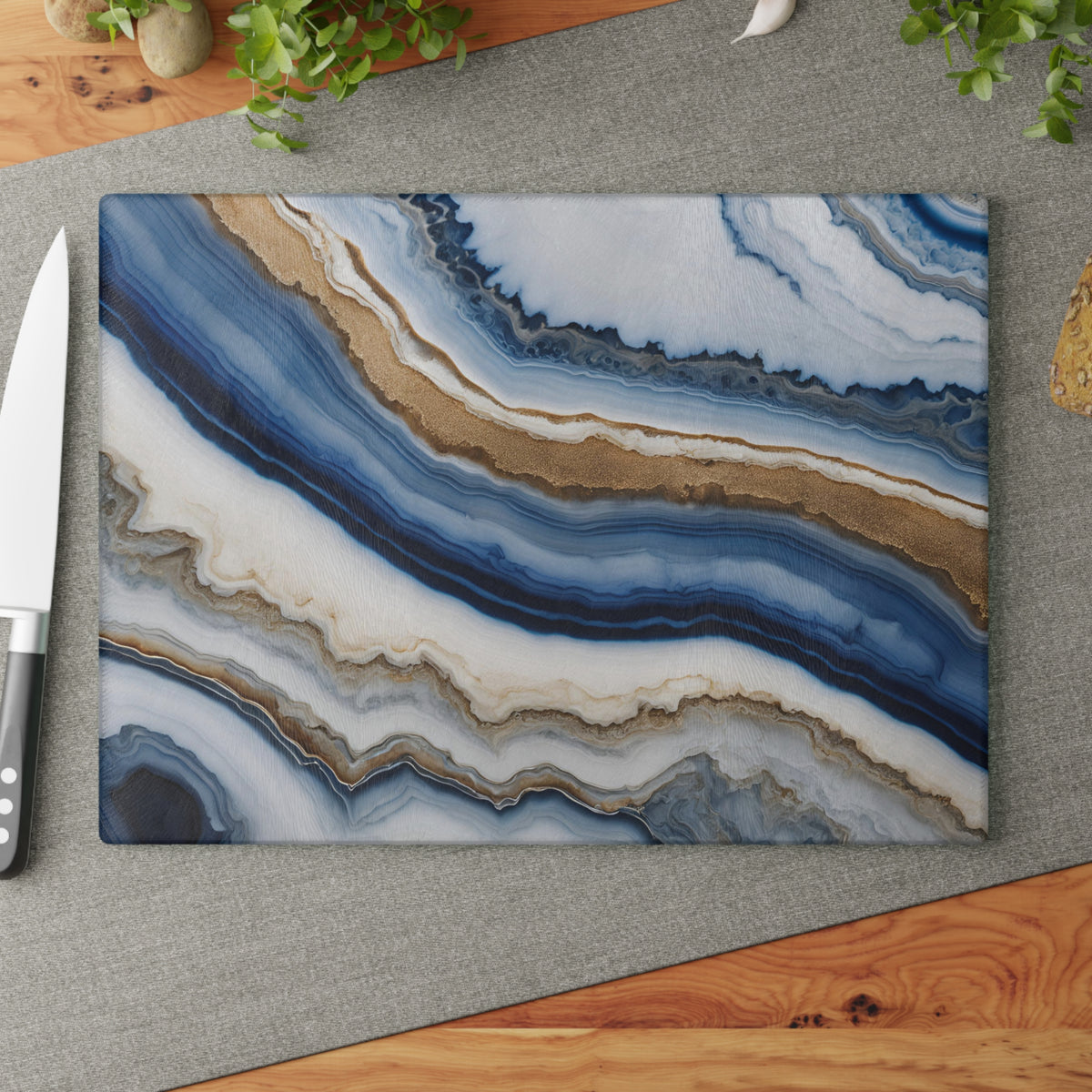 Glass Cutting Board - Blue & Gold Agate Pattern Decorative Chopping Board