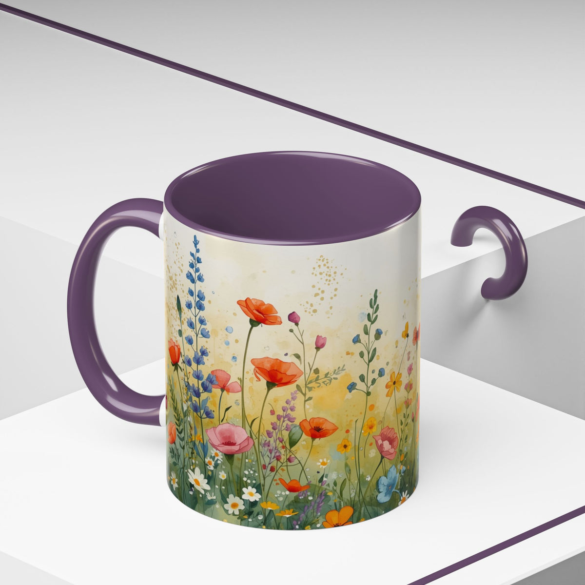 Floral Meadow Accent Coffee Mug — Watercolor Wildflower 11/15oz