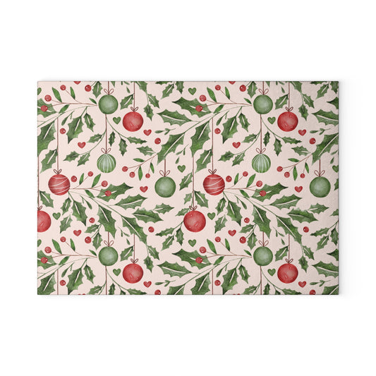 Holiday Holly Ornaments Christmas Glass Cutting Board
