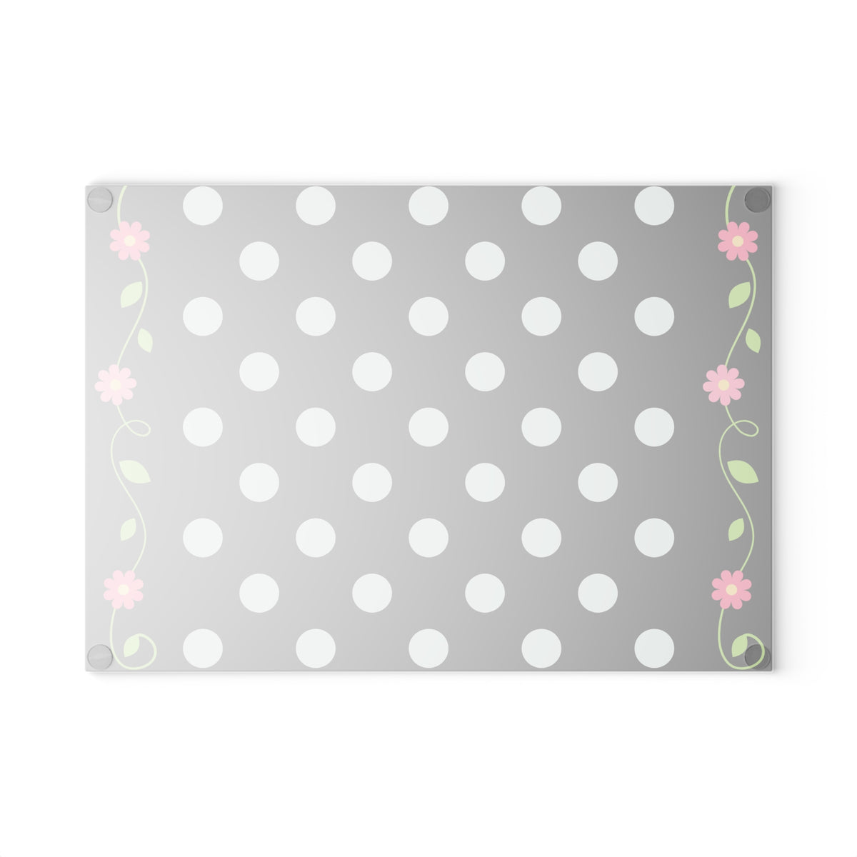 Glass Cutting Board - Black Polka Dot with Pink Floral Border (Decorative Kitchen Chopping Mat)