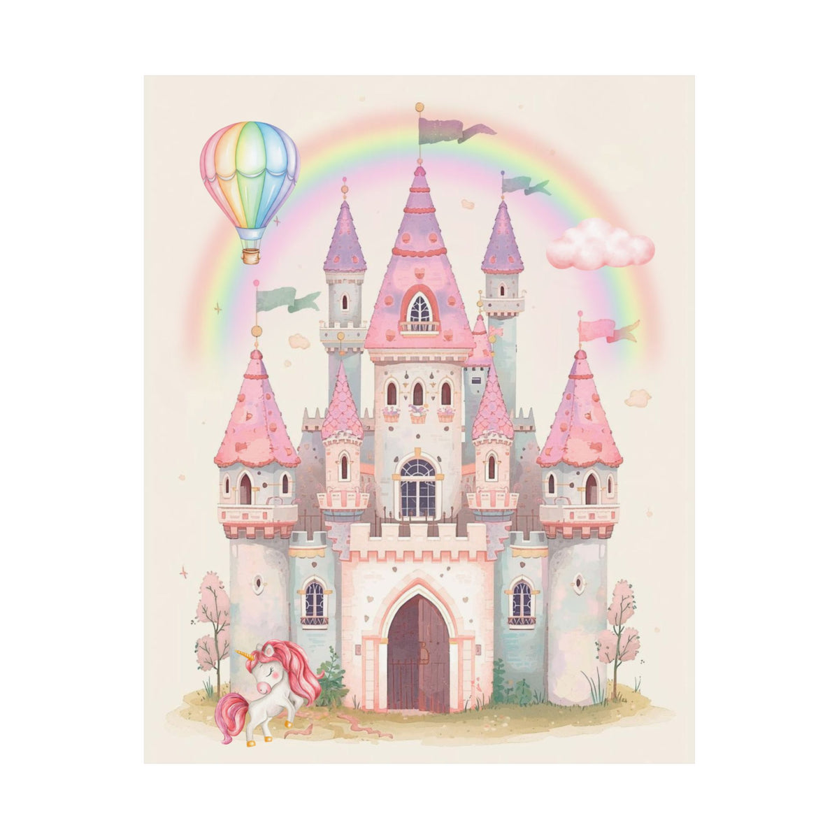 Princess Castle Poster — Pink Fairy Tale Kids Wall Art with Unicorn & Rainbow
