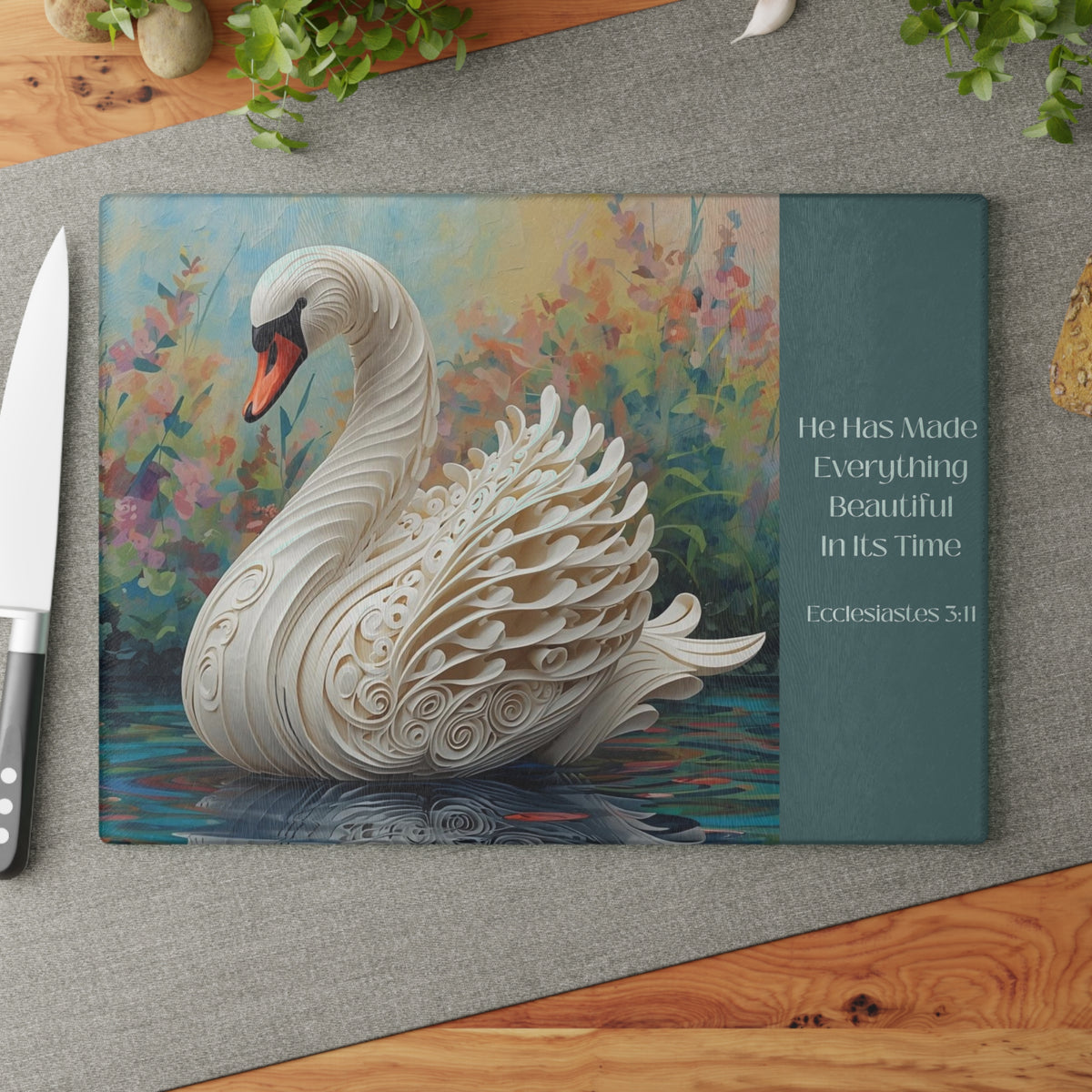 Swan Glass Cutting Board – "He Has Made Everything Beautiful in Its Time" (Ecclesiastes)