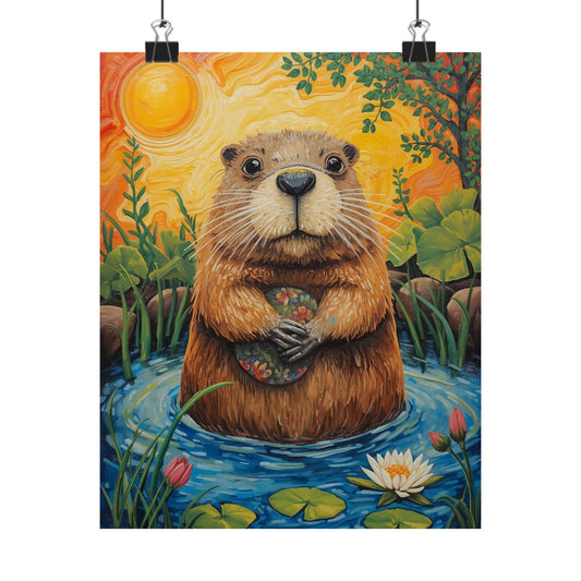 Beaver in Pond Matte Vertical Poster — Whimsical Wildlife Wall Art