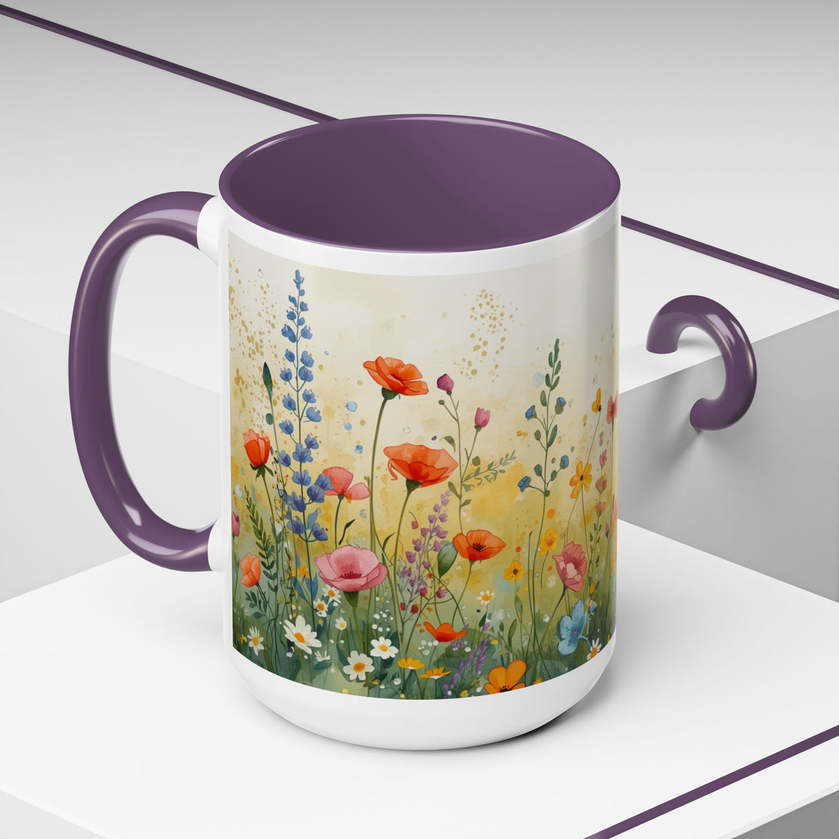 Floral Meadow Accent Coffee Mug — Watercolor Wildflower 11/15oz