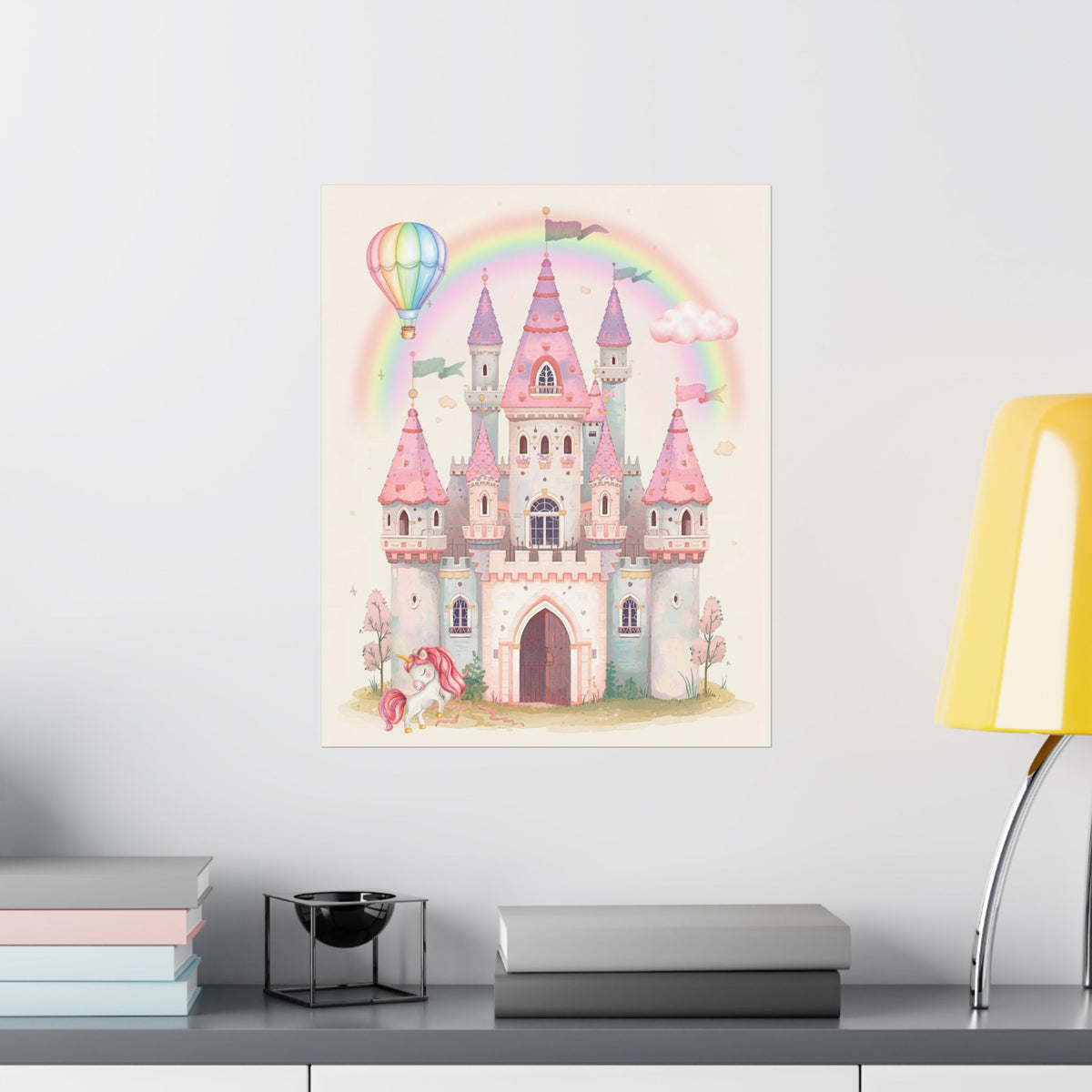Princess Castle Poster — Pink Fairy Tale Kids Wall Art with Unicorn & Rainbow