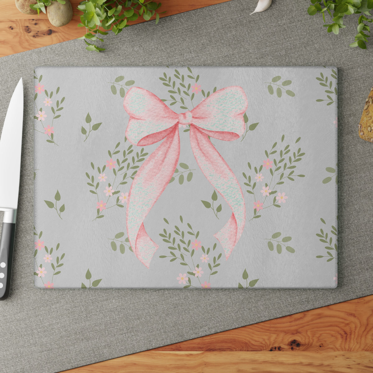 Glass Cutting Board — Pink Ribbon Floral Pattern