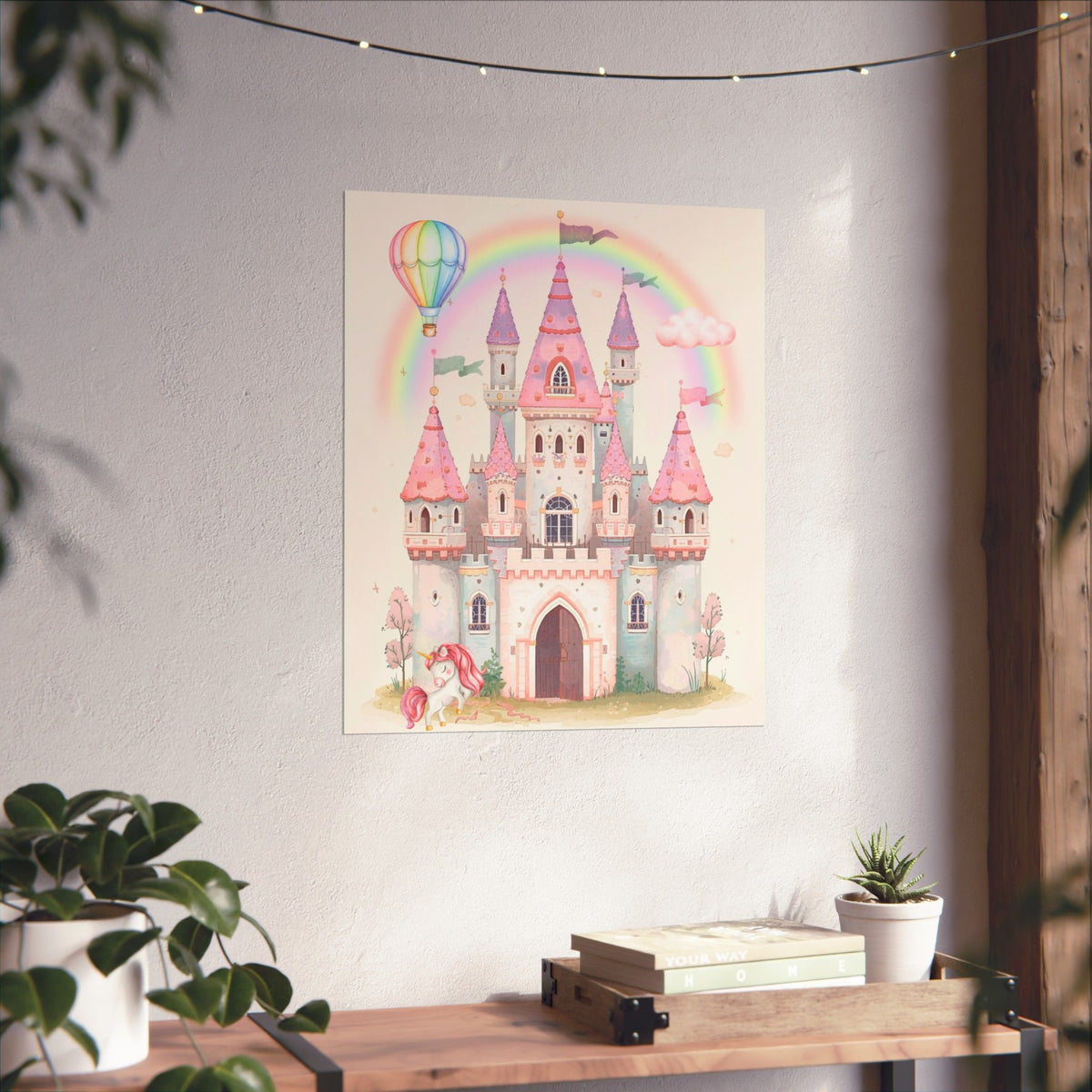 Princess Castle Poster — Pink Fairy Tale Kids Wall Art with Unicorn & Rainbow