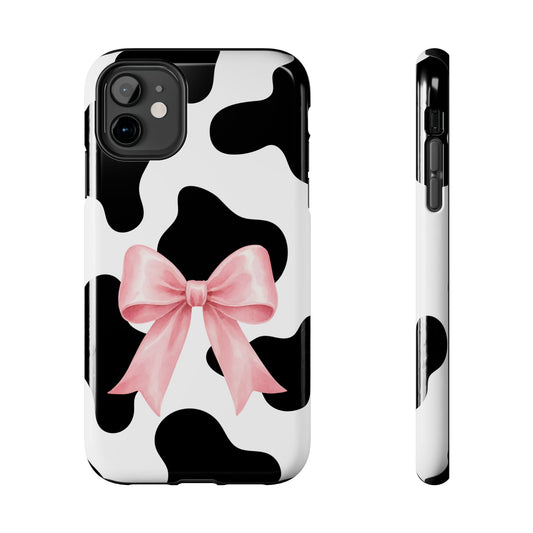 Cow Print Phone Case with Pink Bow — Tough Protective Phone Case