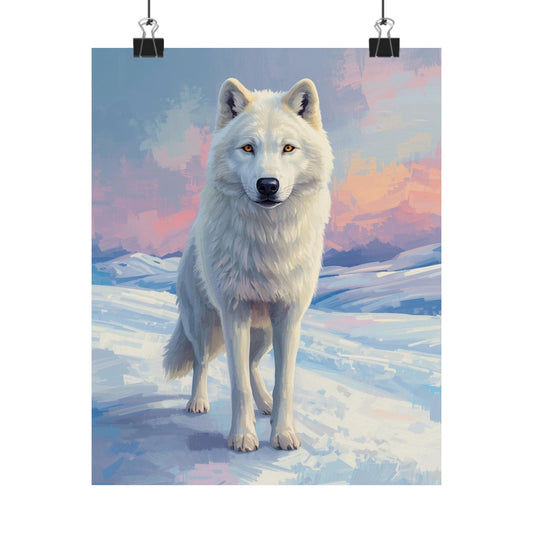White Arctic Wolf Matte Poster — Snow Landscape Vertical Wall Art