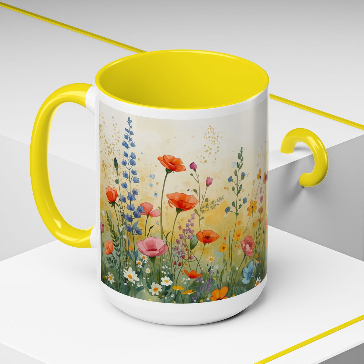 Floral Meadow Accent Coffee Mug — Watercolor Wildflower 11/15oz