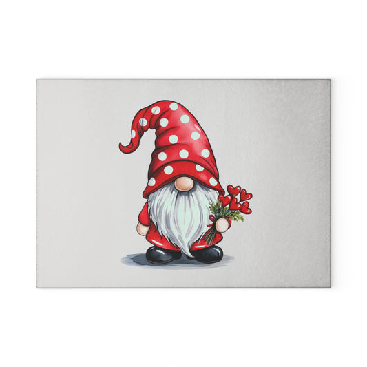 Gnome Glass Cutting Board – Cute Polka Dot Gnome with Hearts Decorative Chopping Board