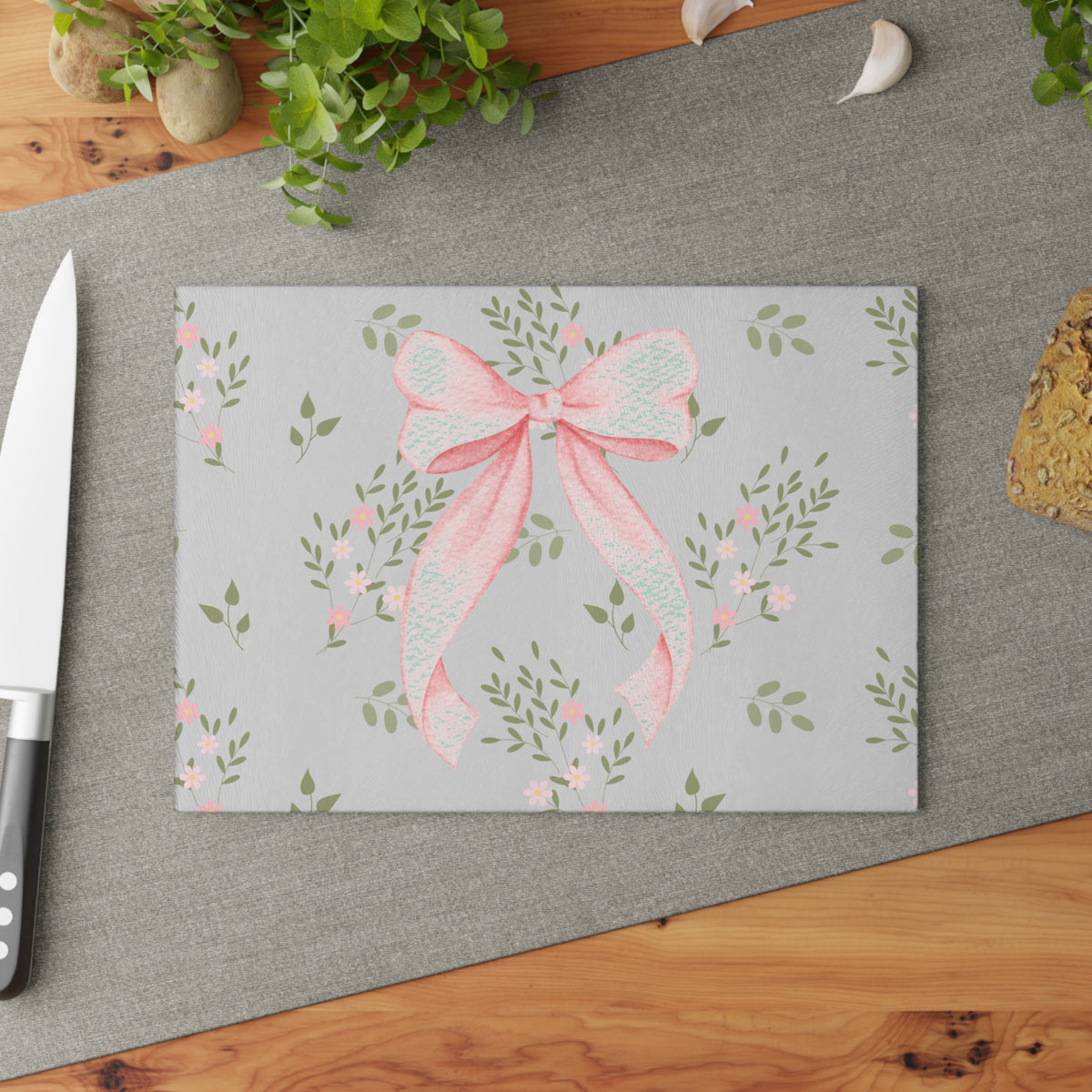 Glass Cutting Board — Pink Ribbon Floral Pattern