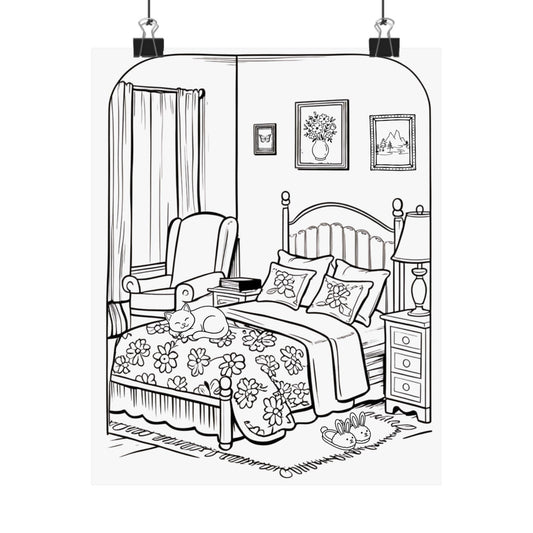 Color Your Own Poster — Cozy Floral Bedroom Matte Vertical Print