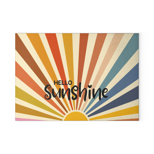 Hello Sunshine Glass Cutting Board – Retro Rainbow Sunburst Kitchen Decor