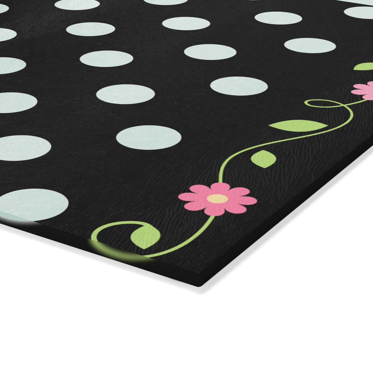 Glass Cutting Board - Black Polka Dot with Pink Floral Border (Decorative Kitchen Chopping Mat)