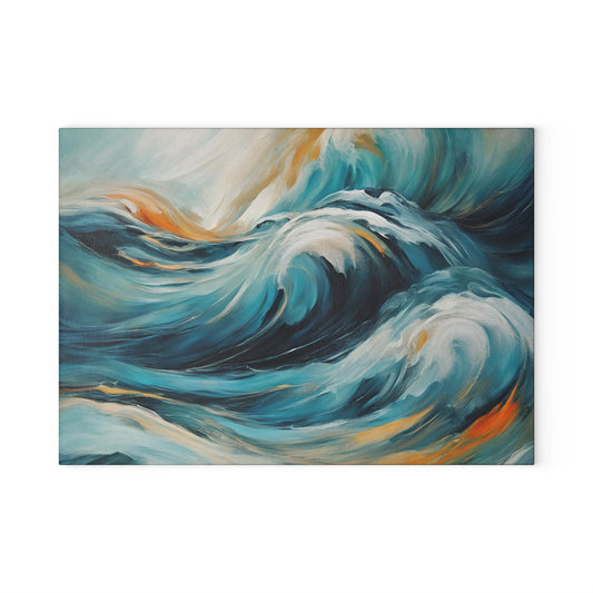 Ocean Wave Glass Cutting Board — Abstract Turquoise & Coral Kitchen Board