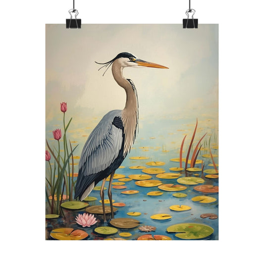 Heron in Lily Pond Matte Poster — Vintage Nature Wall Art