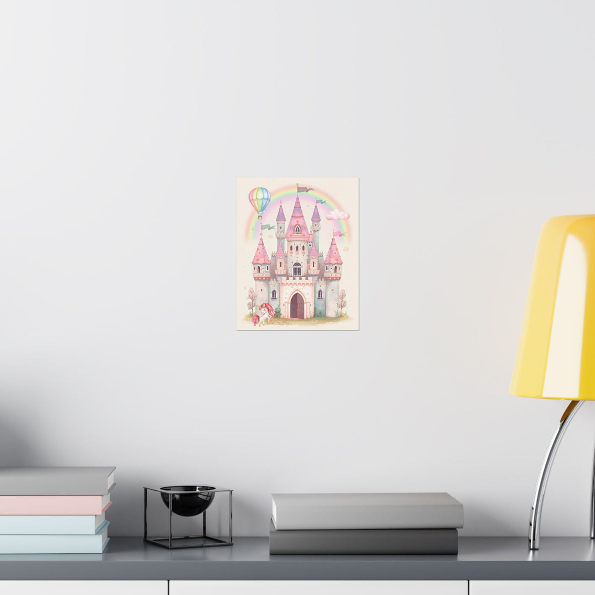 Princess Castle Poster — Pink Fairy Tale Kids Wall Art with Unicorn & Rainbow