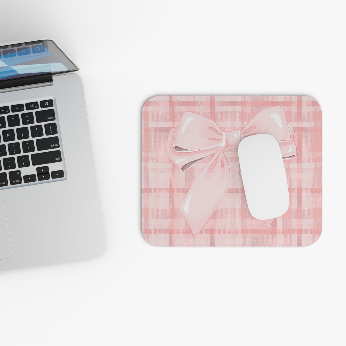 Pink Bow Plaid Mouse Pad — Cute Pastel Desk Accessory