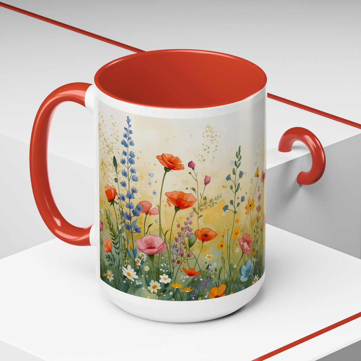 Floral Meadow Accent Coffee Mug — Watercolor Wildflower 11/15oz