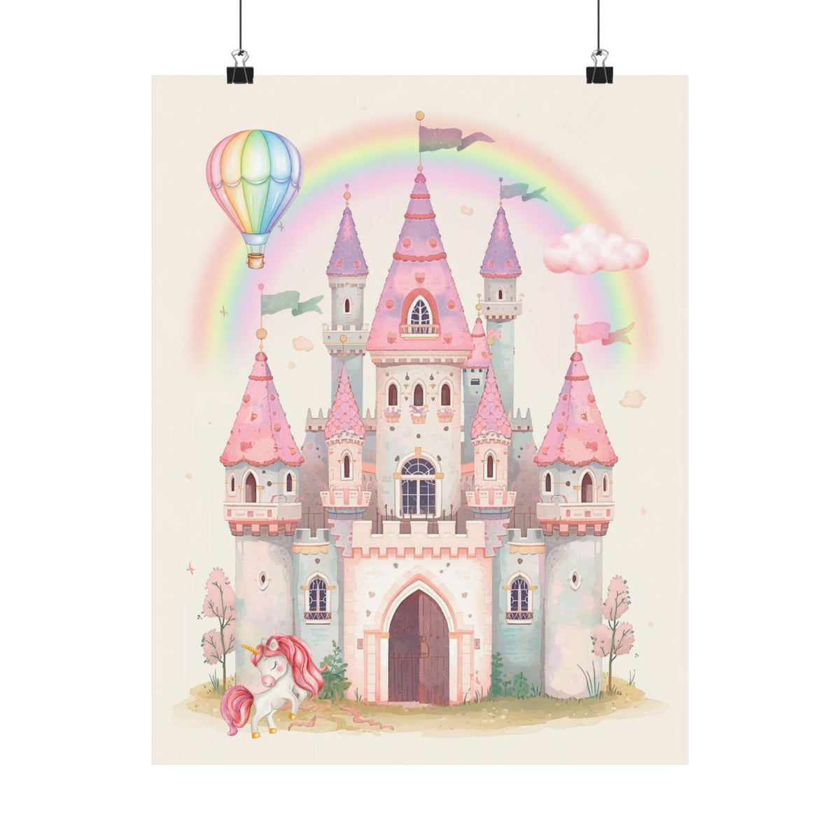 Princess Castle Poster — Pink Fairy Tale Kids Wall Art with Unicorn & Rainbow