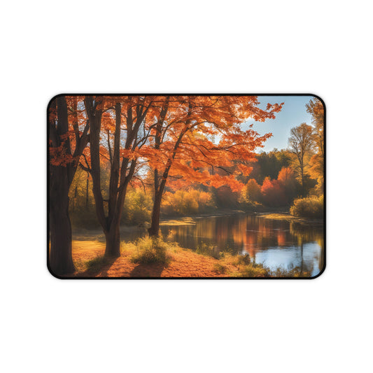 Autumn Lakeside Desk Mat — Fall Trees, Scenic River Office Desk Pad