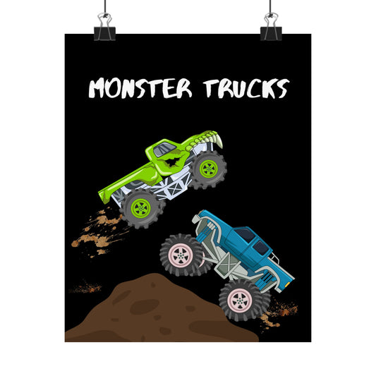 Monster Trucks Matte Poster — Kids' Wall Art with Green & Blue Trucks