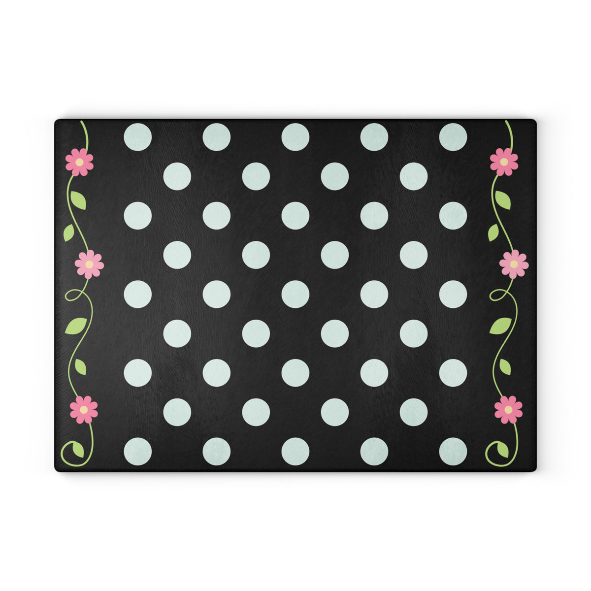 Glass Cutting Board - Black Polka Dot with Pink Floral Border (Decorative Kitchen Chopping Mat)