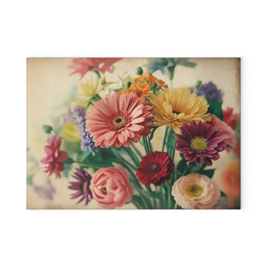 Floral Bouquet Glass Cutting Board — Vintage Spring Flowers Kitchen Decor