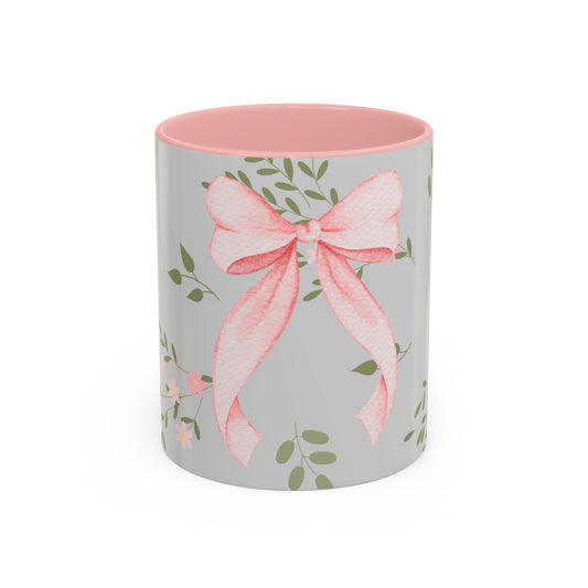 Pink Ribbon Floral Accent Coffee Mug — Elegant Bow & Greenery 11/15oz