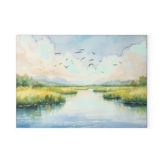 Glass Cutting Board - Tranquil Waters Landscape Art, Coastal Marsh Kitchen Decor