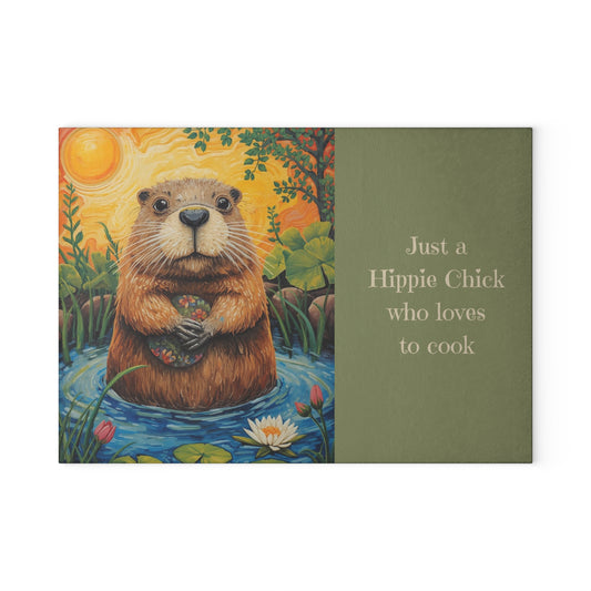 Glass Cutting Board — "Just a Hippie Chick Who Loves to Cook" Beaver Kitchen Decor