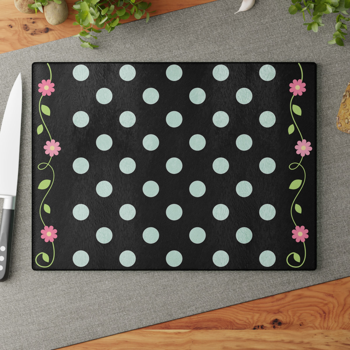 Glass Cutting Board - Black Polka Dot with Pink Floral Border (Decorative Kitchen Chopping Mat)