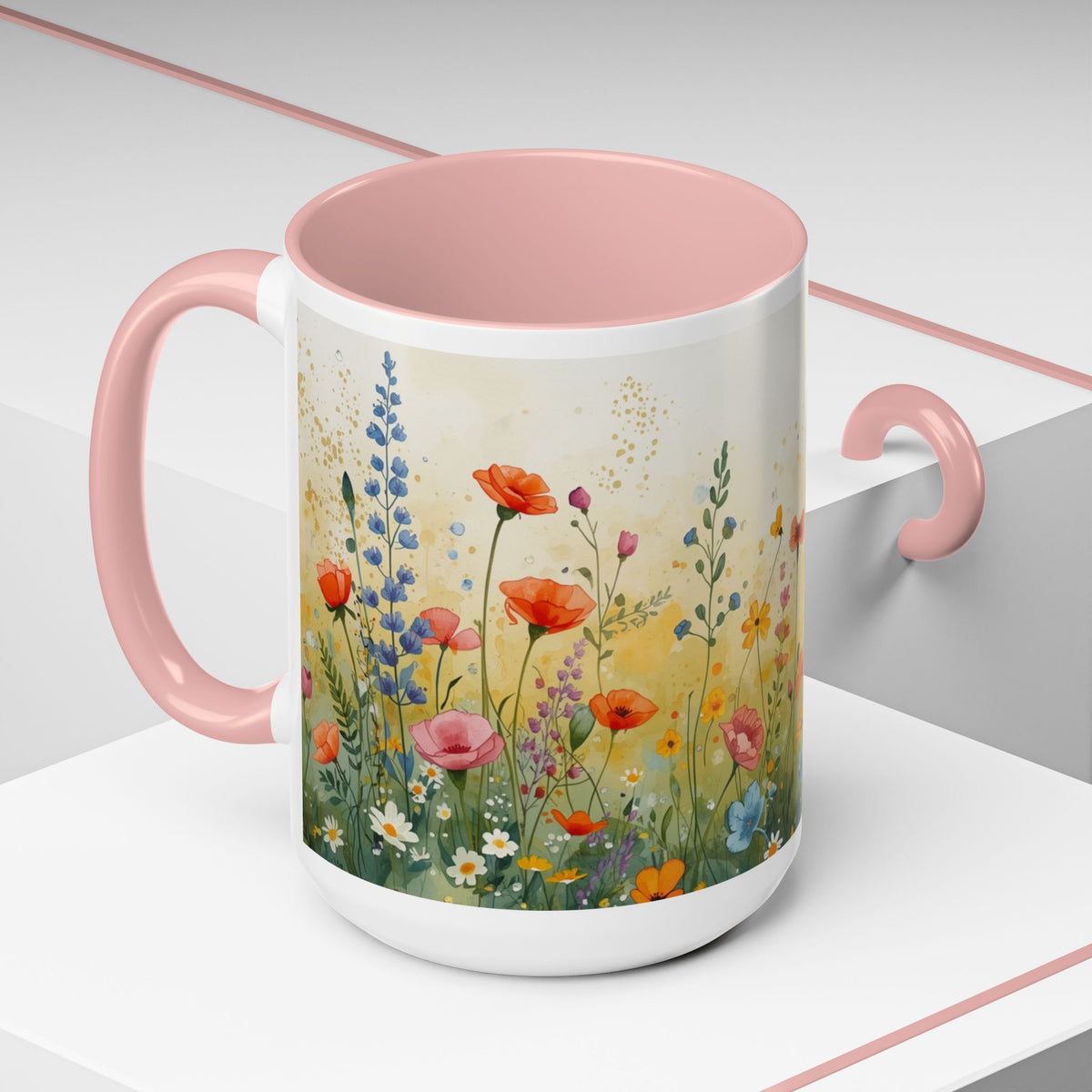 Floral Meadow Accent Coffee Mug — Watercolor Wildflower 11/15oz