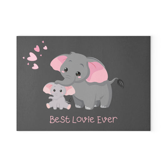 Elephant Grandma & Baby Glass Cutting Board — "Best Lovie Ever" Kitchen Gift