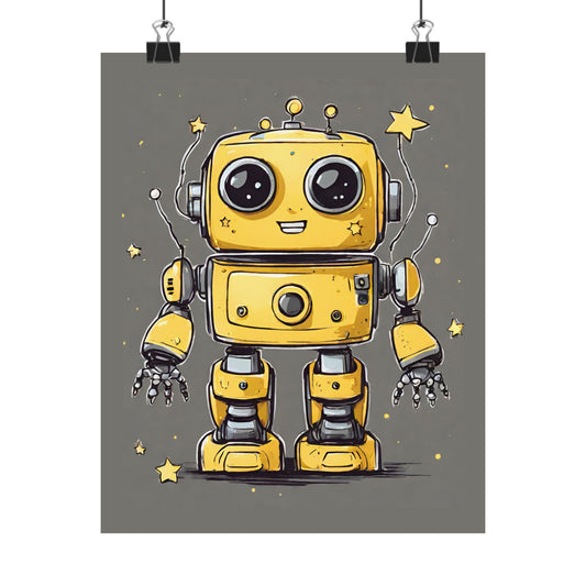 Cute Yellow Robot Poster — Matte Vertical Kids Room Wall Art