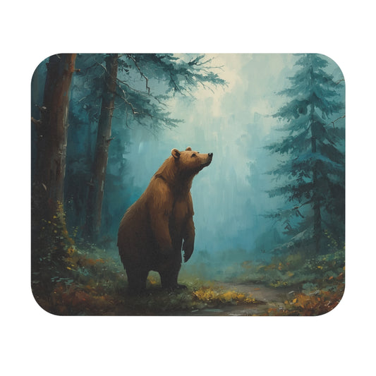 Bear in Mist Forest Mouse Pad — Woodland Desktop Mousepad